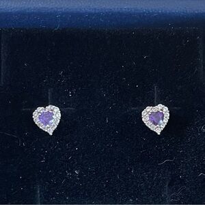 Pair of 14k gold, amethyst heart, cubic zirconia screw back earrings. 5.5 mm